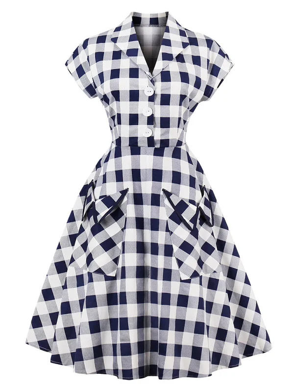 Blue White 1950s Pockets Plaid Dress