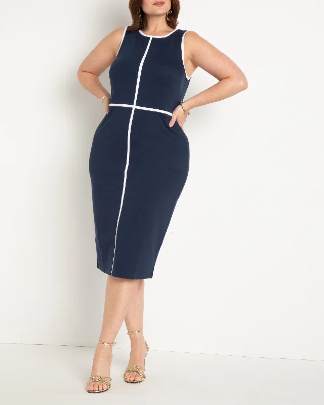 Sleeveless Piped Workwear Dress | Navy With White Piping