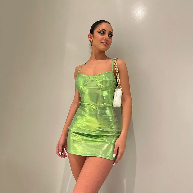 IKEARLAX 2025 AB502 new ice cream color suspender PU hip skirt  ins hot-selling design halter dress
