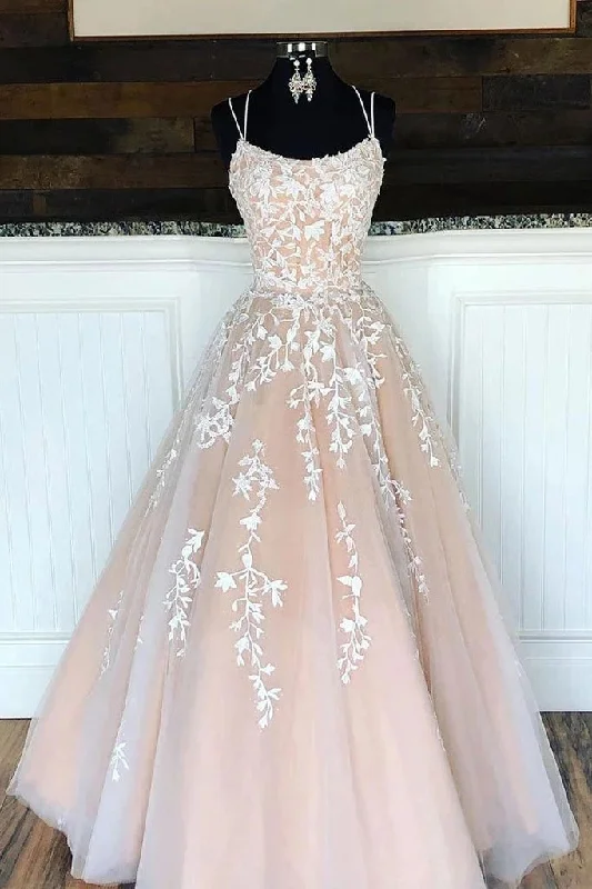 Unique Spaghetti Straps A Line Lace Appliques Tulle Lace up Pink Prom Dresses,DS4046 Unique Spaghetti Straps A Line Lace Appliques Tulle Lace up Pink Prom Dresses,DS4046