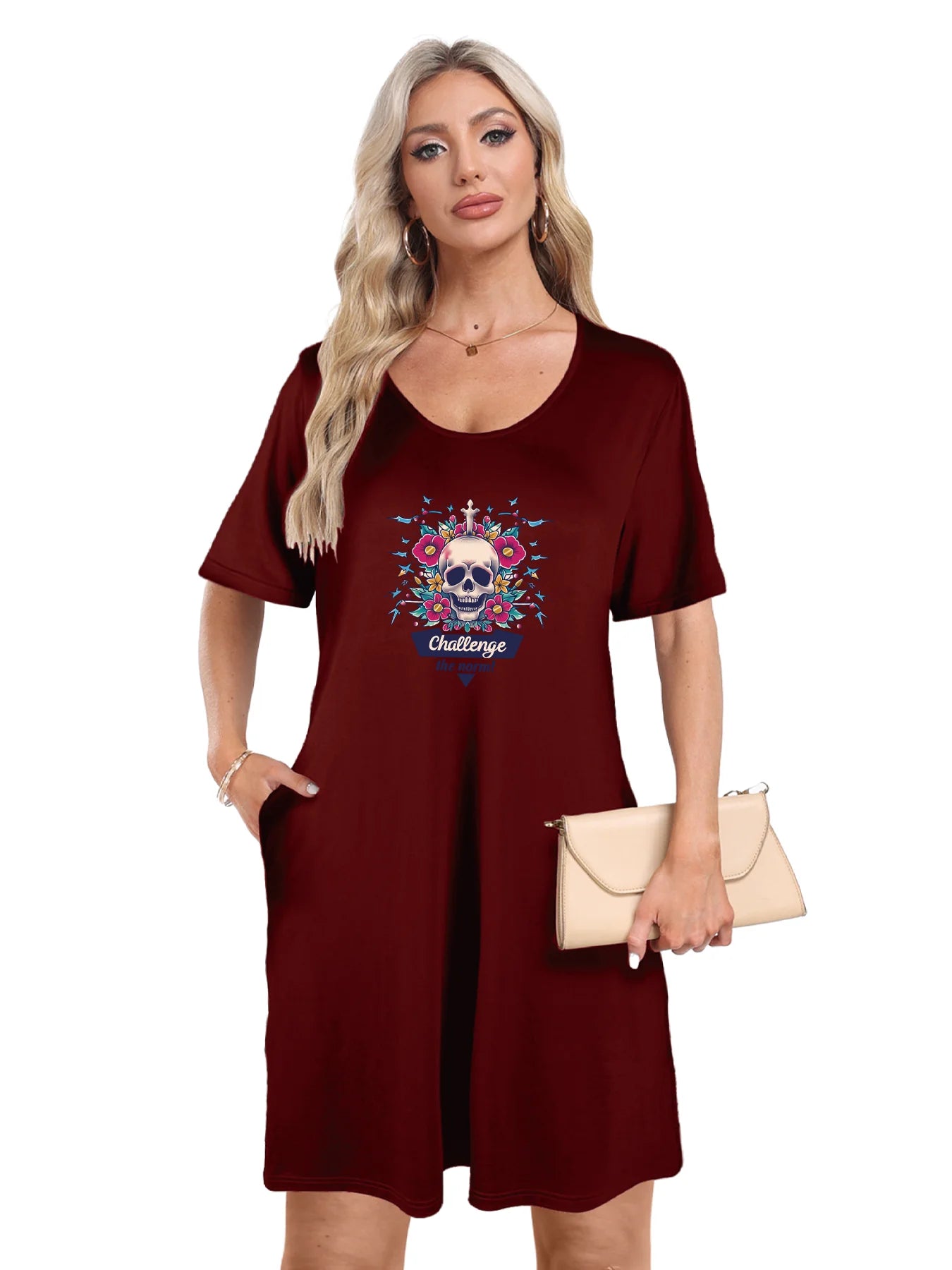 Bold "Bone Voyage" Graphic Print Dual Pockets Dress Casual Short Sleeve Tee Dress For Spring & Summer Women's Clothing Bold "Bone Voyage" Graphic Print Dual Pockets Dress Casual Short Sleeve Tee Dress For Spring & Summer Women's Clothing