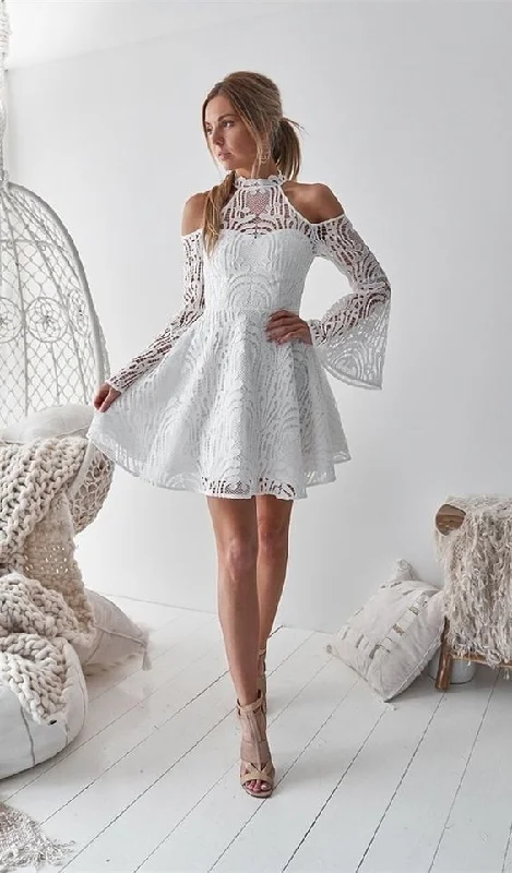 A-Line High Neck Bell Sleeves Cold Shoulder Above-Knee White Homecoming Dress cg1443 A-Line High Neck Bell Sleeves Cold Shoulder Above-Knee White Homecoming Dress cg1443