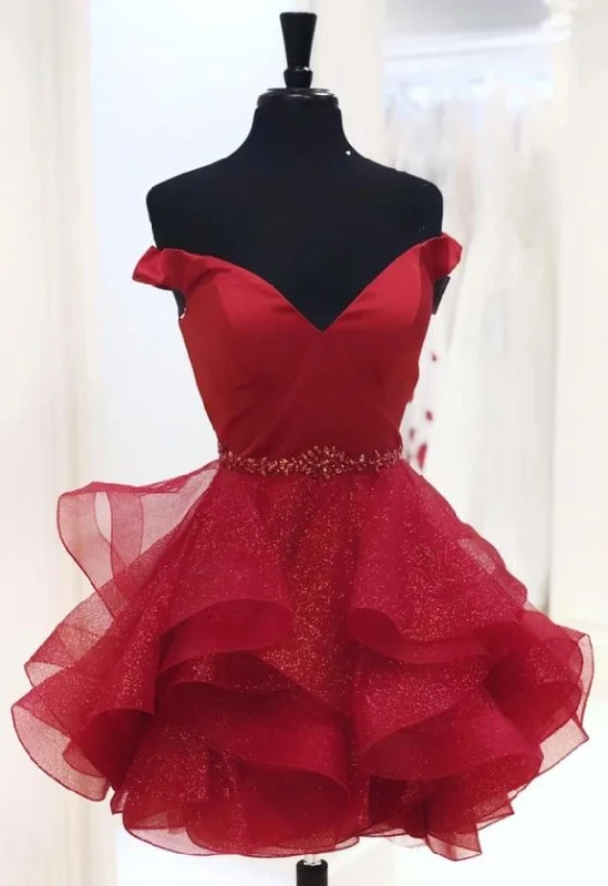 Burgundy off the shoulder short homecoming dress  cg8614