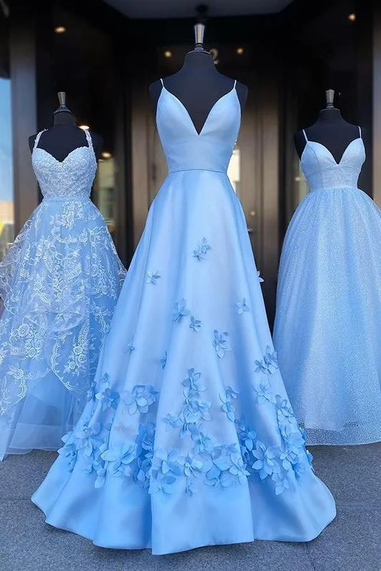 Charming Blue Spaghetti Straps V Neck Flowers Long Prom Dresses Satin Unique Formal Dresses,DS4446 Charming Blue Spaghetti Straps V Neck Flowers Long Prom Dresses Satin Unique Formal Dresses,DS4446