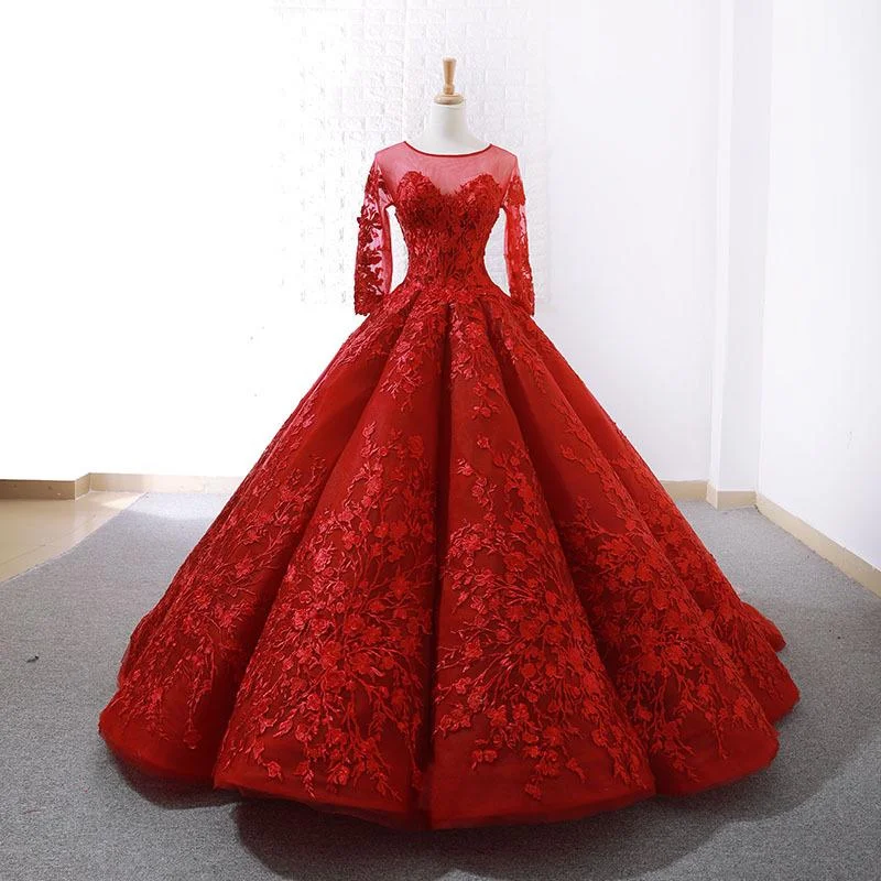 Red Lace Appliques Ball Gown Half Sleeves Sweet 16 Dresses Princess Ball Gown,DS4260