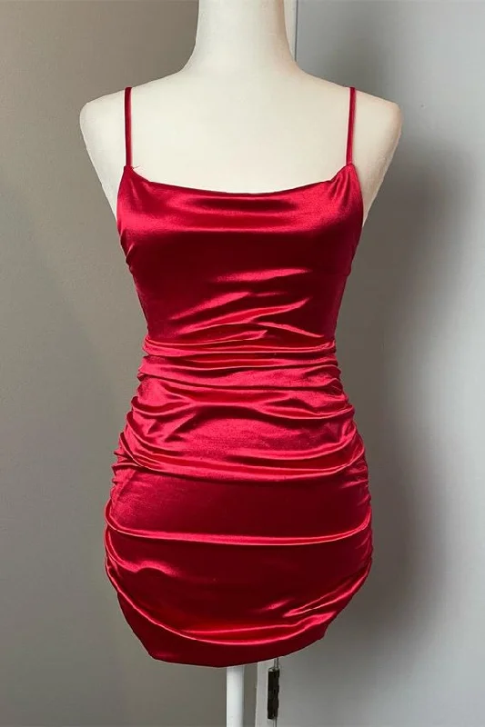 Red Satin Sheath Straps Homecoming Dress      cg25036