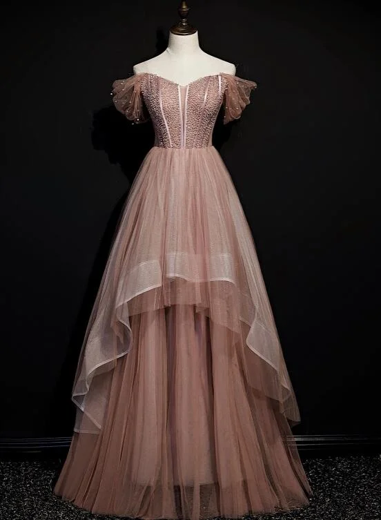 Dark Pink Tulle Beaded Layer Tulle Long Evening Dress, Charming Prom Dress .DS3044