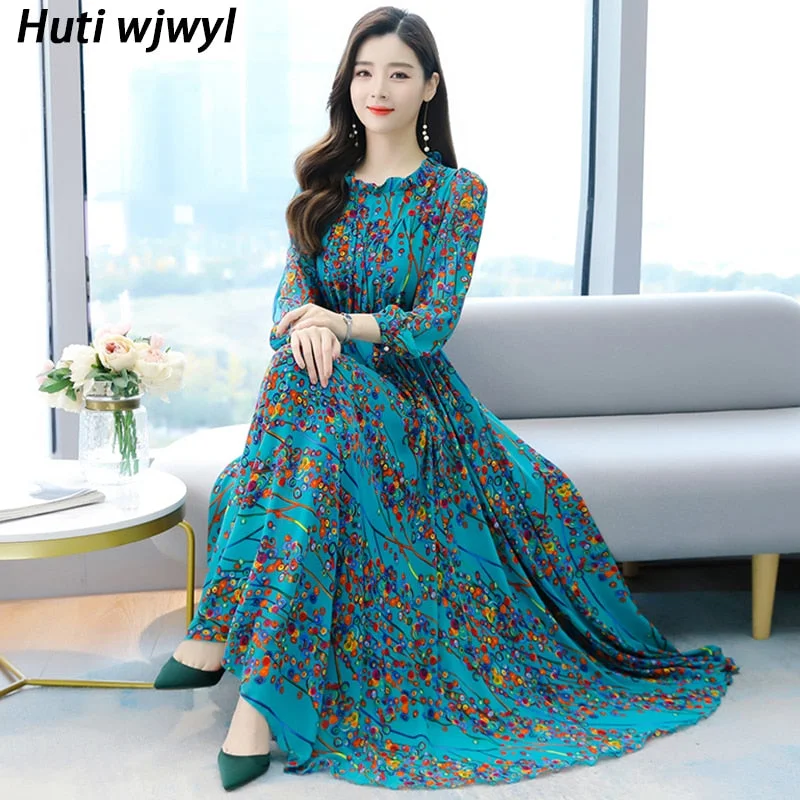 2023 Boho Vintage Red Print Chiffon Beach Maxi Dress Spring Autumn 4XL Plus Size Long Sleeve Women Dress Elegant Party Vestidos Elegant Maxi Dress with Slit