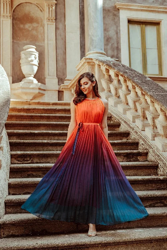 2023 Ins Internet Celebrity Famous Dress Color Gradient Belted Ruched Summer Sweet Maxi Dress Fashionable Button-Down Maxi Dress