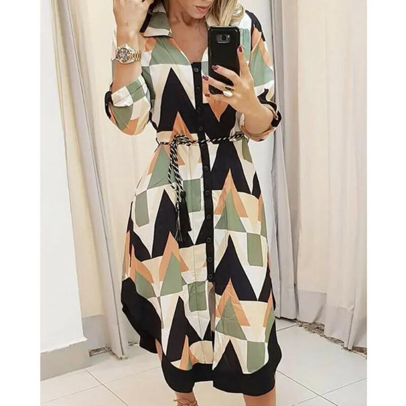 2023 Women Casual Dress Wave Pattern Split Hem Long Sleeve Shirt Dress For Women Turn-Down Collar Loose Maxi Dress Lady Comfortable Plunging Neckline Maxi Dress