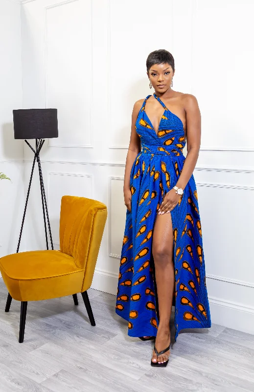 African Print Blue Infinity Multiway Maxi Dress - ELLA Trendy A-Line Maxi Dress