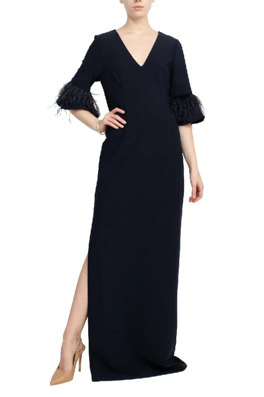 Aidan Mattox V- Neck 3/4 Feathered Bell Sleeves Back Zipper High Thigh Slit Maxi Dress Trendy Short Sleeve Maxi Dress