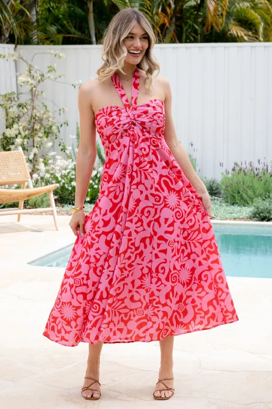 Aphrodite Halter Maxi Dress Solstice Print Red Pink Stylish Boho Maxi Dress