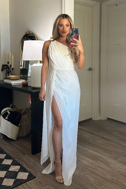 Athena One Shoulder Cape Sleeve Maxi Dress: White Cozy Knit Maxi Dress