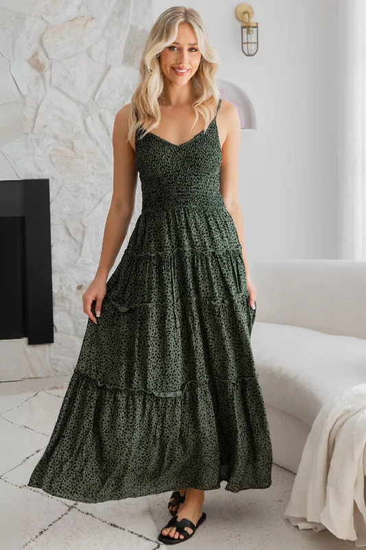 Austen Shirred Maxi Dress Khaki Speckle Comfortable Satin Maxi Dress