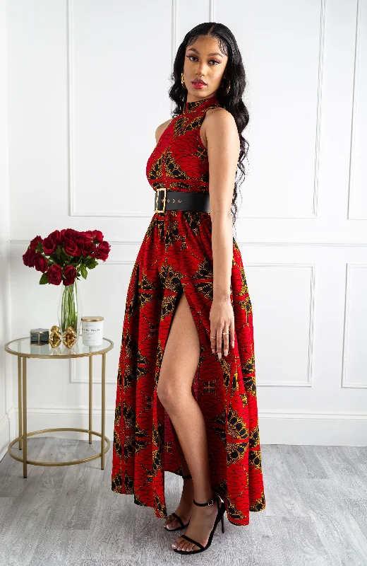 Authentic African Wax Sleeveless Turtleneck Maxi Dress - CORDELIA Comfortable Pleated Maxi Dress Authentic African Wax Sleeveless Turtleneck Maxi Dress - CORDELIA Comfortable Pleated Maxi Dress