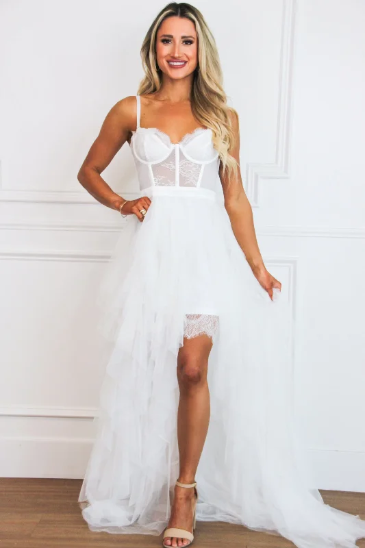 Be My Soulmate Lace Bustier Ruffle Maxi Dress: White Comfortable Satin Maxi Dress