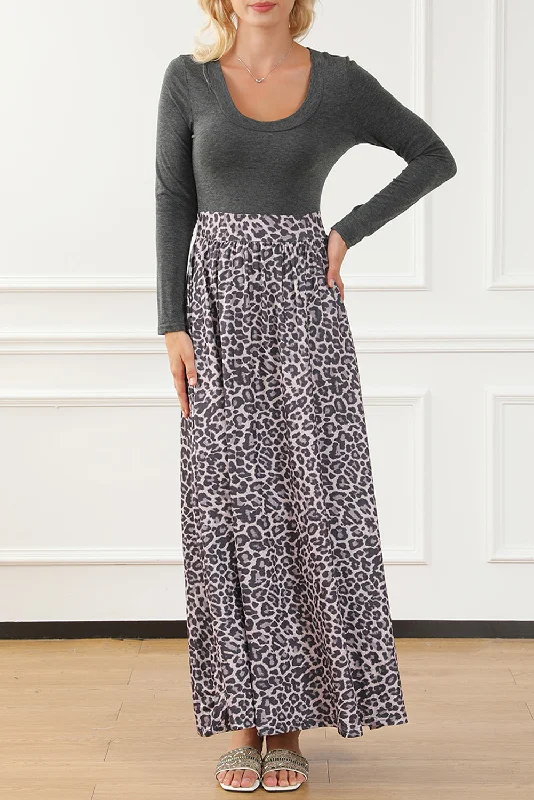 Blue Zone Planet | Black Long Sleeve Fitted Bodice Leopard Maxi Dress Cozy Cold-Shoulder Maxi Dress Blue Zone Planet | Black Long Sleeve Fitted Bodice Leopard Maxi Dress Cozy Cold-Shoulder Maxi Dress