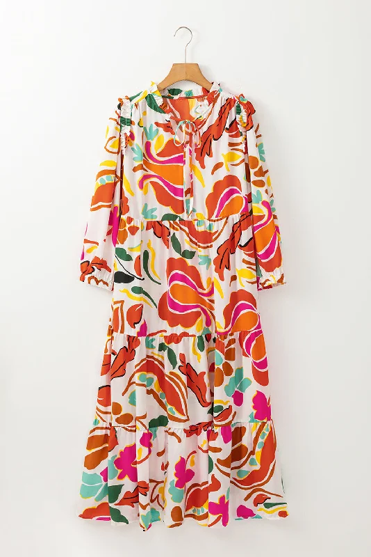 Blue Zone Planet |  Orange Floral Print Split V Neck Tiered Maxi Dress Elegant Maxi Dress with Ruffles