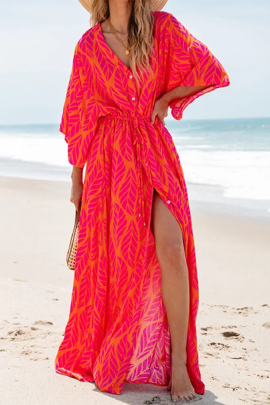 Blue Zone Planet | Orange Leafy Print 3/4 Sleeve V Neck Buttoned Split Maxi Dress Comfortable Maxi Dress with Sleeves Blue Zone Planet | Orange Leafy Print 3/4 Sleeve V Neck Buttoned Split Maxi Dress Comfortable Maxi Dress with Sleeves