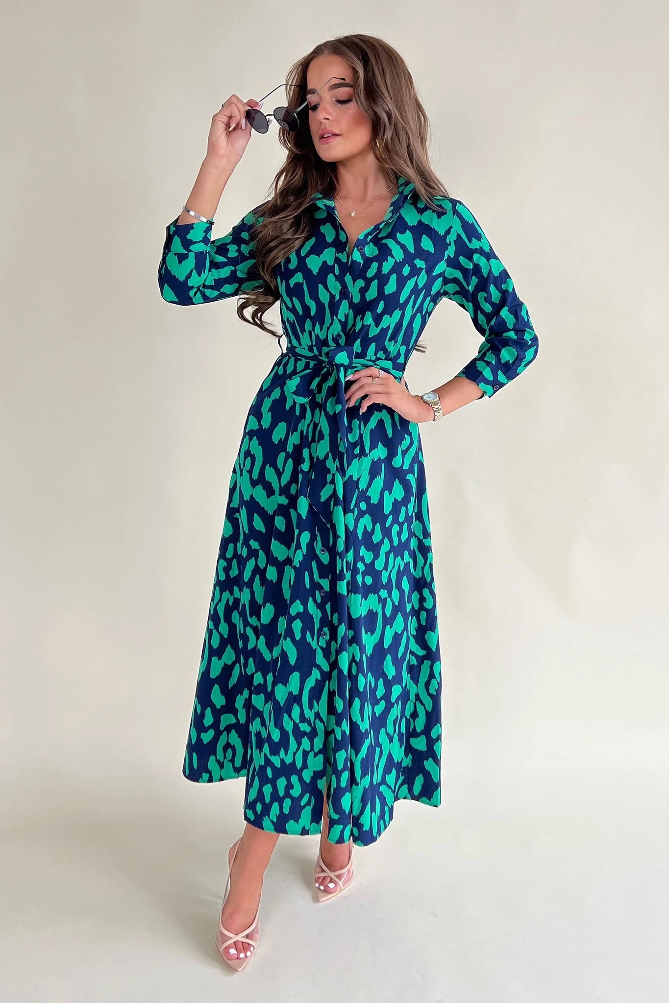 Breanna Navy Green Print Shirt Pocket Maxi Dress Cozy Knitted Maxi Dress