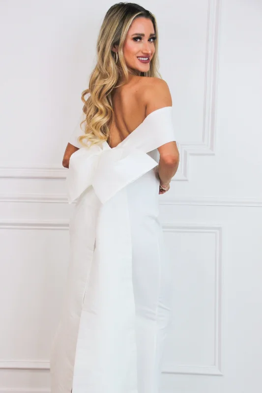 Carolina Bride Off Shoulder Bow Back Maxi Dress: White Cozy Spaghetti Strap Maxi Dress Carolina Bride Off Shoulder Bow Back Maxi Dress: White Cozy Spaghetti Strap Maxi Dress