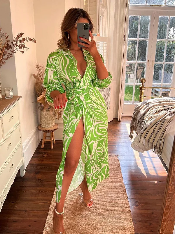 Casual Deep V Neck Long Sleeve SIde Split Maxi Dress Stylish V-Neck Maxi Dress