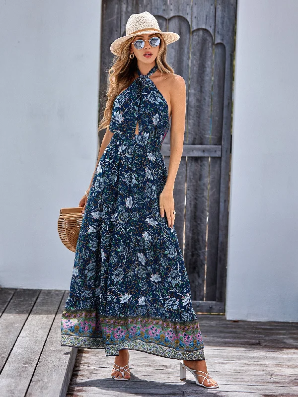 Casual Sleeveless Backless Printed Chiffon Maxi Dress Elegant Wraparound Maxi Dress