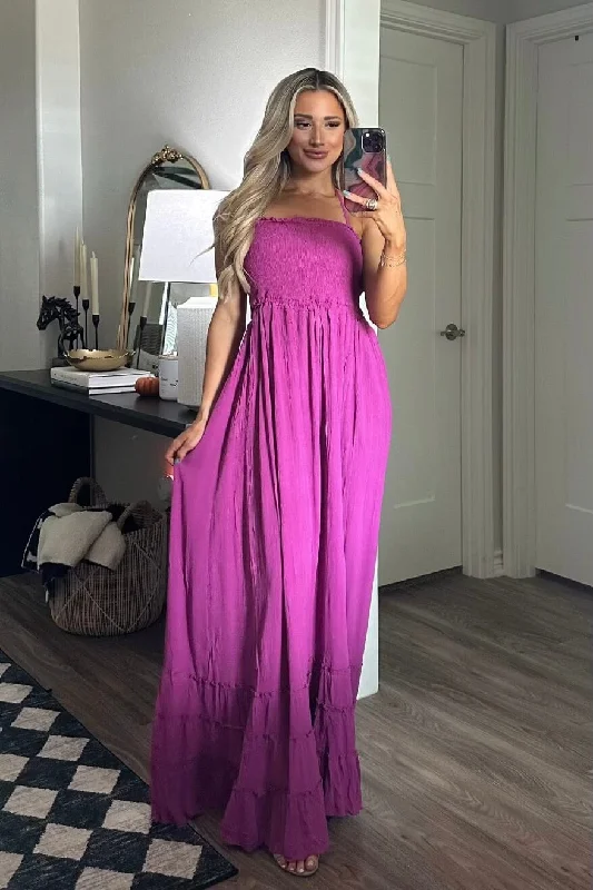 Chandler Smocked Open Back Maxi Dress: Orchid Elegant Sleeveless Maxi Dress