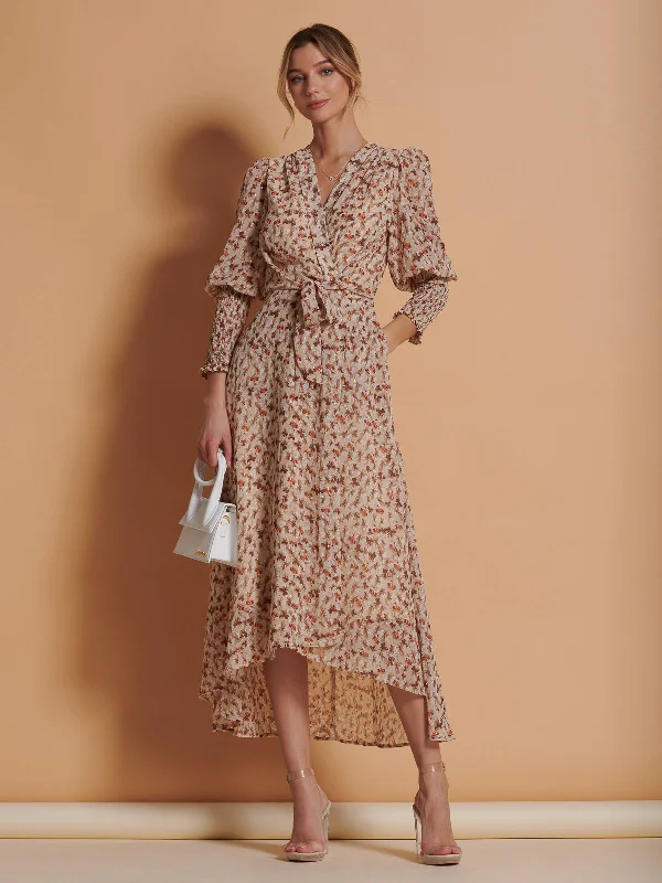 Chiffon Print Tie Waist Maxi Dress, Beige Floral Elegant Maxi Dress with Pockets