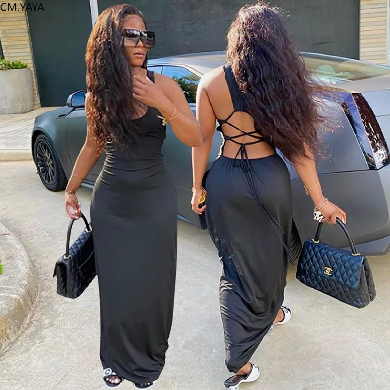 CM.YAYA Women Streetwear Casual Tank O-neck Lace Up Open Back Slim Maxi Dress Sleeveless Solid Long Dresses Vestidos Stylish V-Neck Maxi Dress CM.YAYA Women Streetwear Casual Tank O-neck Lace Up Open Back Slim Maxi Dress Sleeveless Solid Long Dresses Vestidos Stylish V-Neck Maxi Dress