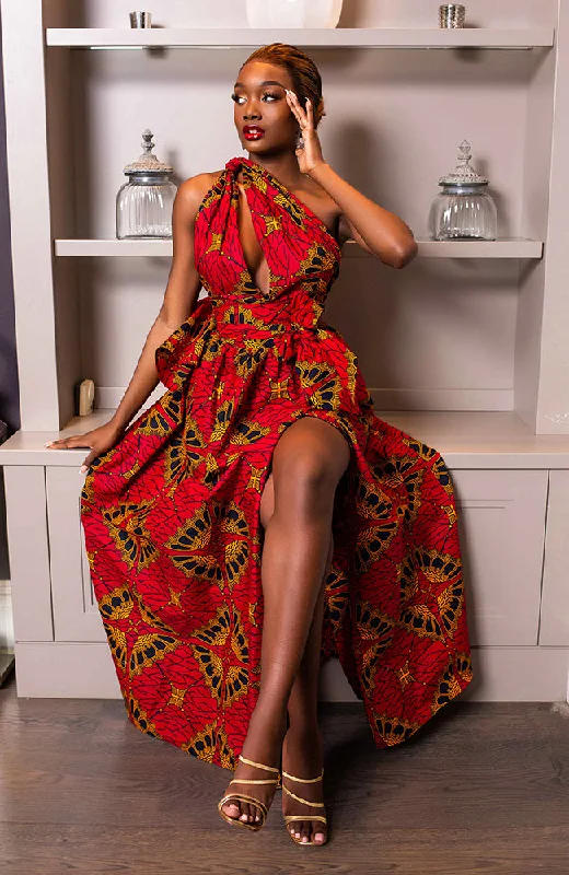 African Print Red Multiway Infinity Maxi Dress - Cordelia Classic Solid Maxi Dress