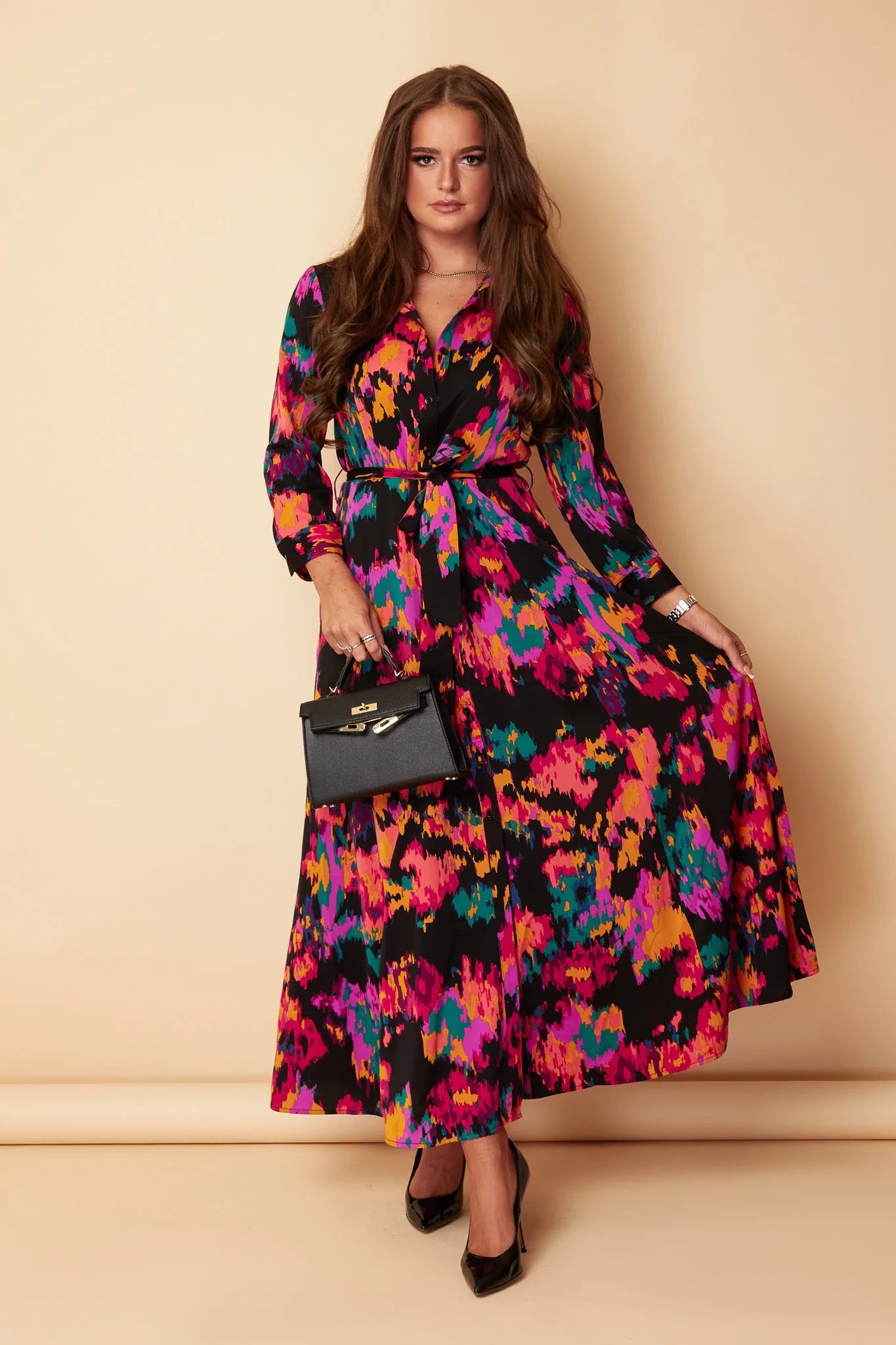 Dora Multi Print Abstract Shirt Pocket Maxi Dress Stylish Longline Maxi Dress
