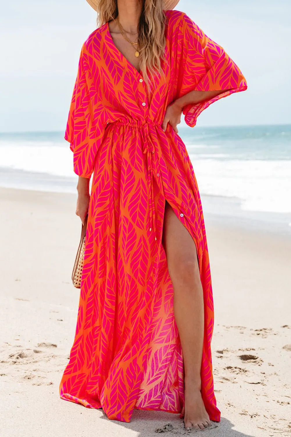 Blue Zone Planet |  Drawstring Printed V-Neck Maxi Dress Fashionable Open-Back Maxi Dress