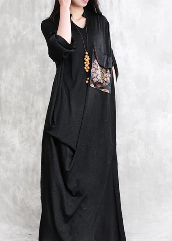 Elegant Black Print Patchwork Linen Maxi Dress Half Sleeve Elegant Maxi Dress with Slit Elegant Black Print Patchwork Linen Maxi Dress Half Sleeve Elegant Maxi Dress with Slit