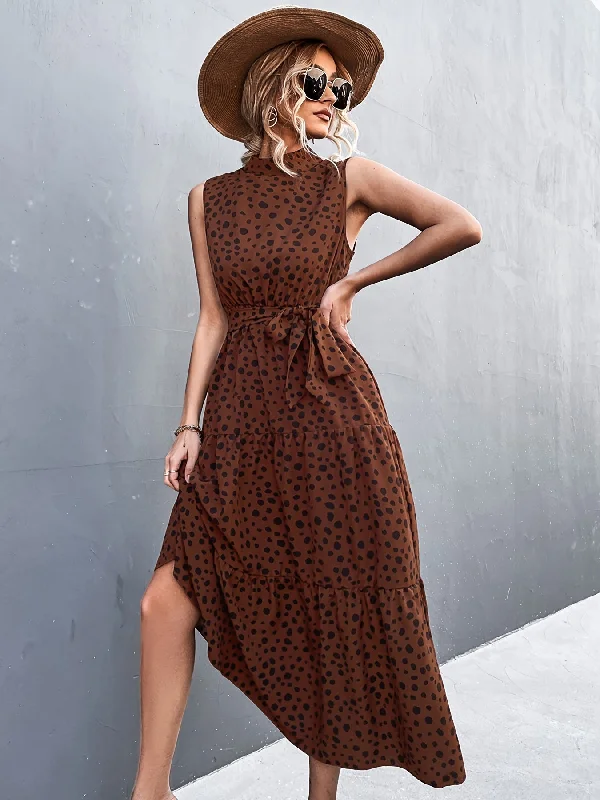 Dot Print Sleeveless High Neck Belt Waist Maxi Dress Stylish Button-Up Maxi Dress