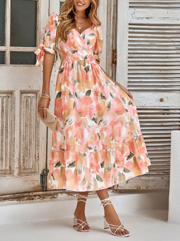 Elegant Short Sleeve V-Neck Printed Maxi Dress Elegant Tiered Maxi Dress