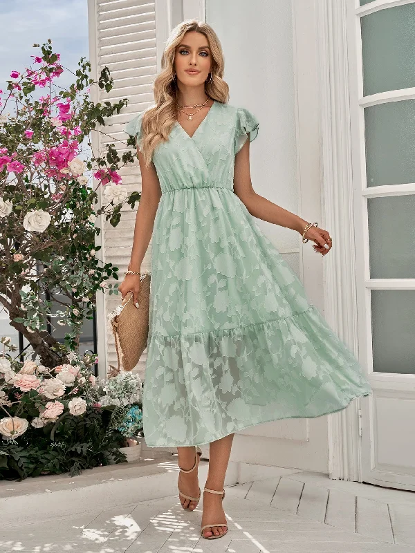 Elegant V-Neck Short Sleeves Lace Solid Maxi Dress Trendy Satin Maxi Dress