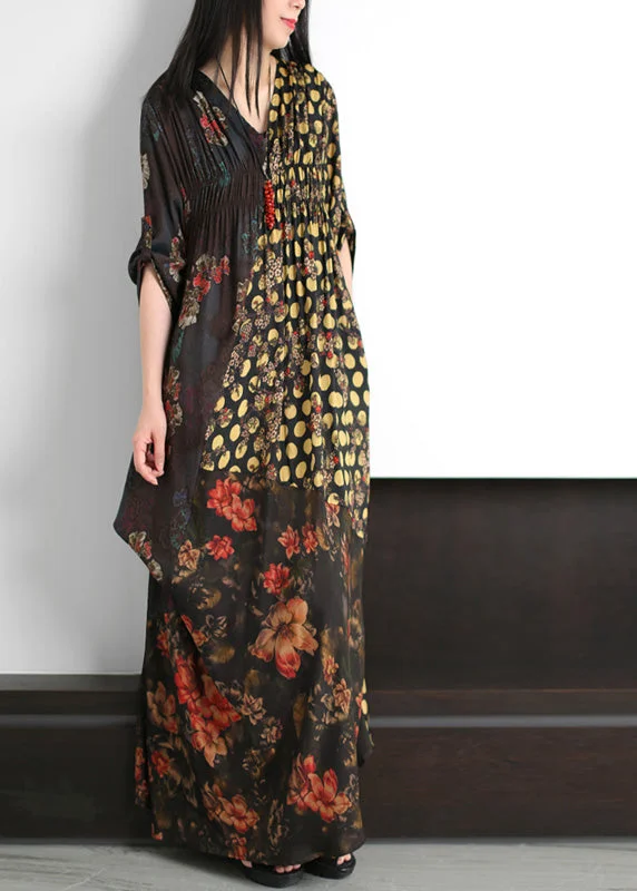 Fashion Black V Neck Asymmetrical Print Wrinkled Silk Maxi Dress Summer Classic Black Maxi Dress