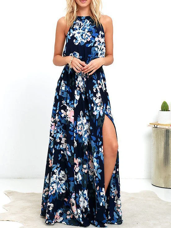 Fashion Sleeveless O-Neck Printed Split Maxi Dress Classic V-Neck Maxi Dress