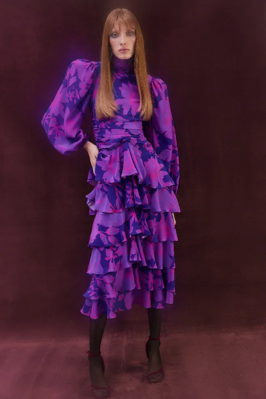 Faye Highneck Maxi Dress | Lilac & Navy Elegant Tiered Maxi Dress