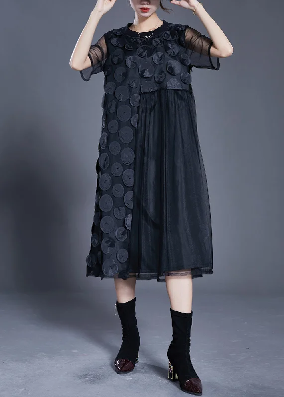 Fine Black Oversized Patchwork Tulle Maxi Dresses Summer Casual Maxi Dress with Pockets