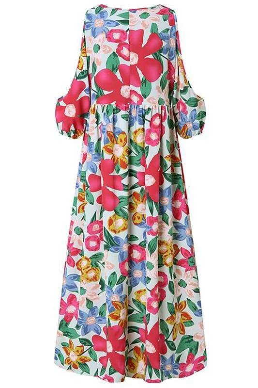 FLORAL PRINT COLD SHOULDER MAXI DRESS Comfortable Casual Maxi Dress