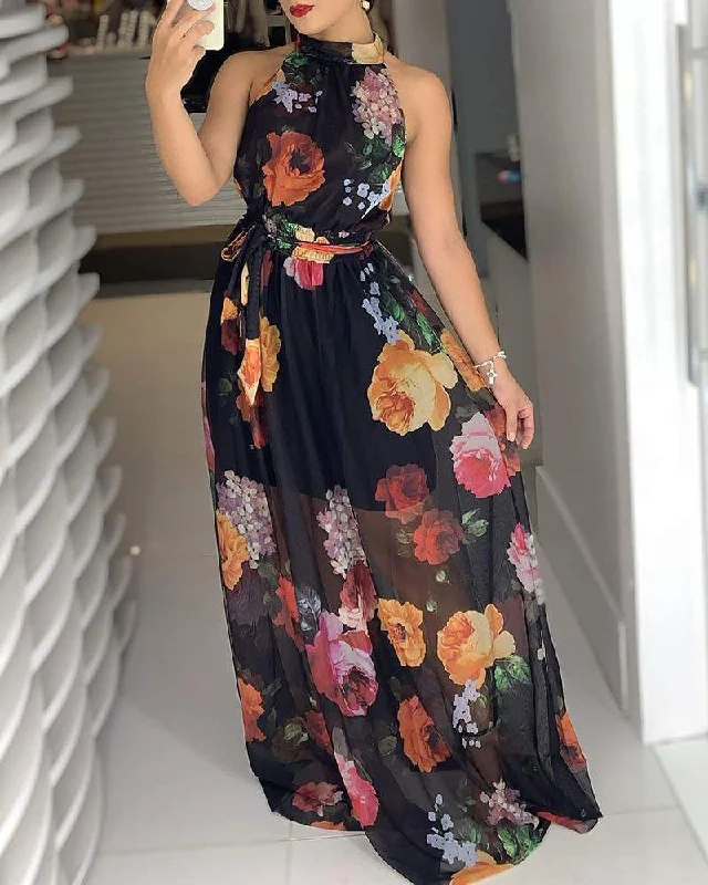 Floral Print Round Neck Maxi Dress Fashionable Chiffon Tiered Maxi Dress