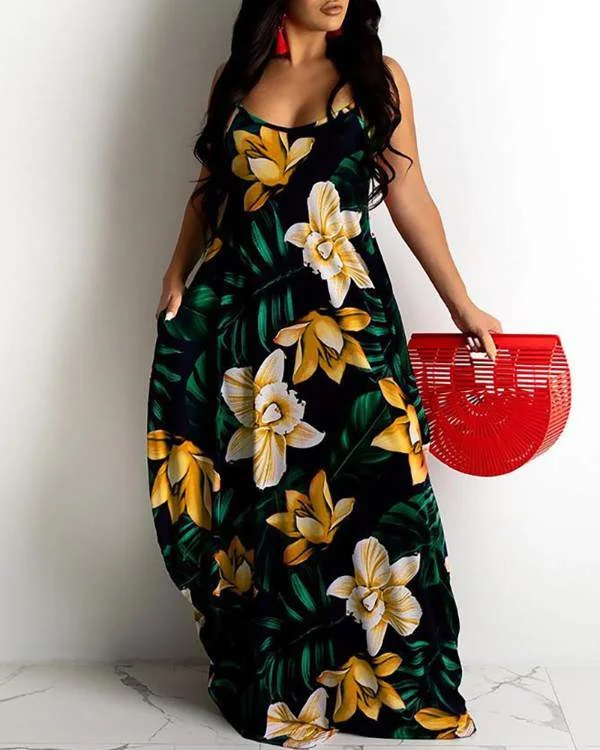 Floral Print Spaghetti Strap Casual Maxi Dress Trendy Ruffled Maxi Dress