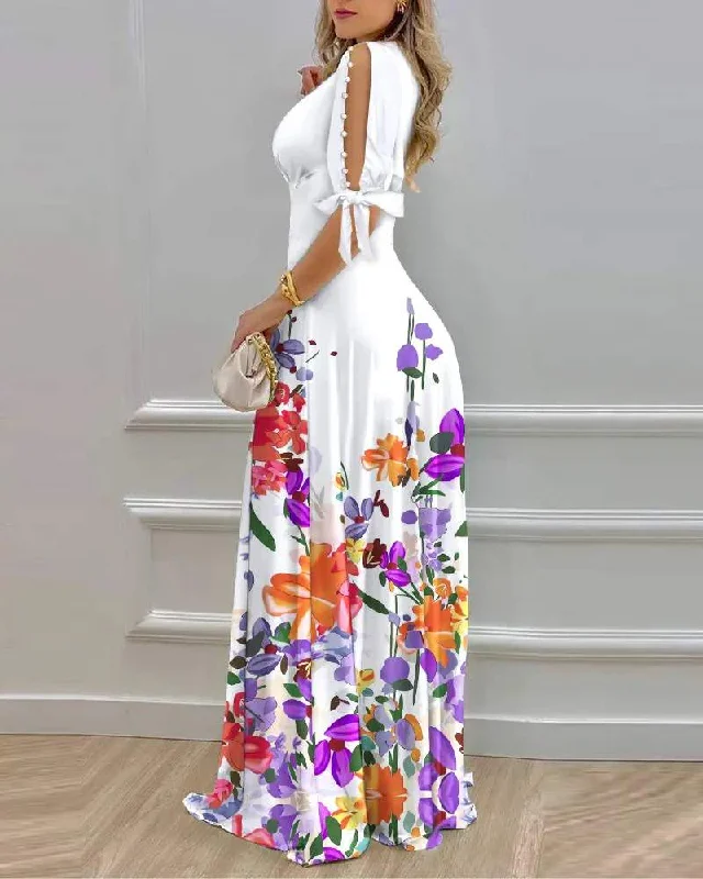 FLORAL PRINT SPLIT SLEEVE PEARLS DECOR MAXI DRESS Chic Off-Shoulder Maxi Dress