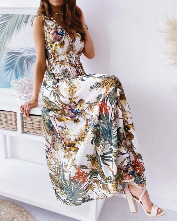 Floral Print Thick Strap V Neck Lace Up Maxi Dress Stylish Maxi Dress with Frills