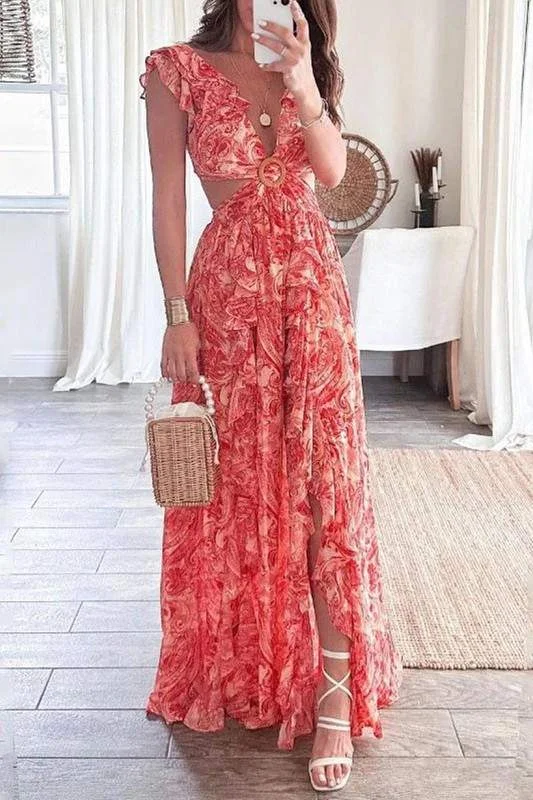 FLORAL RUFFLE DETAILING MAXI DRESS Cozy Ribbed Maxi Dress