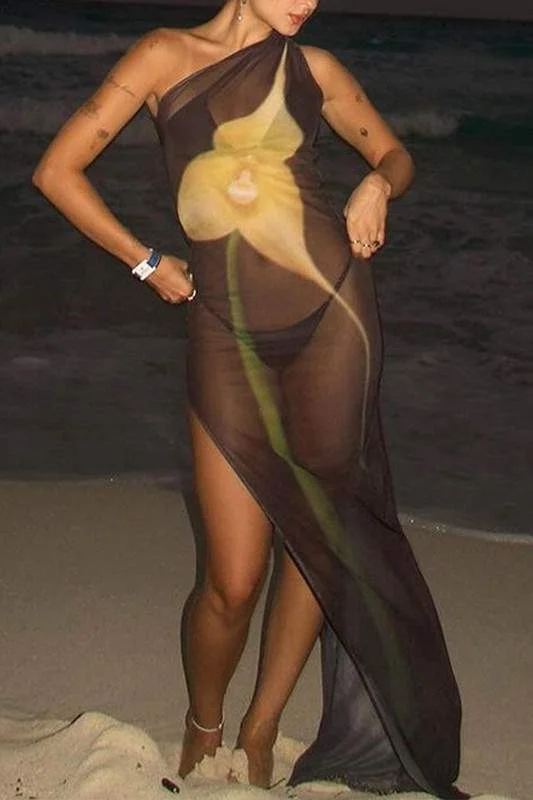 FLORAL SEE THROUGH MAXI DRESS Comfortable Long-Sleeve Maxi Dress
