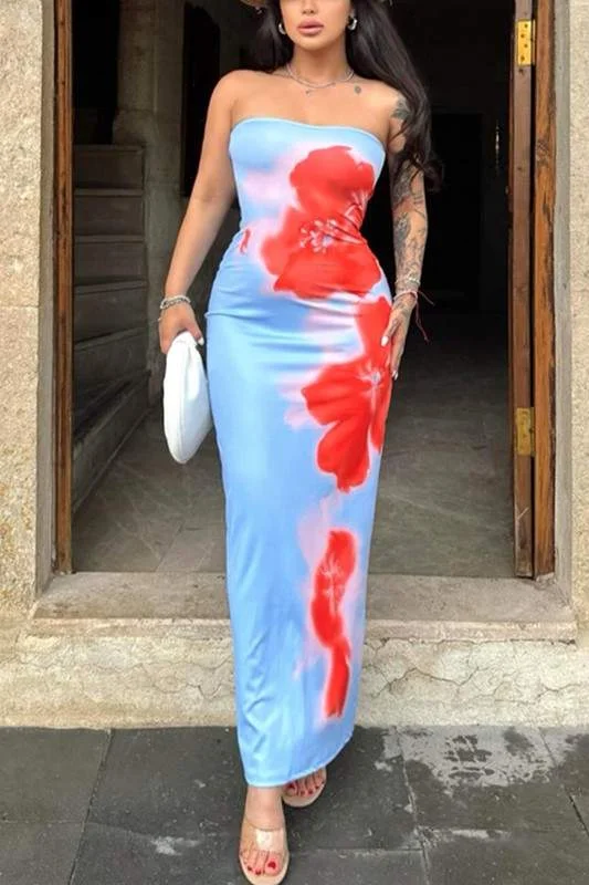 FLOWER PRINT STRAPLESS MAXI DRESSES Comfortable Cotton Maxi Dress